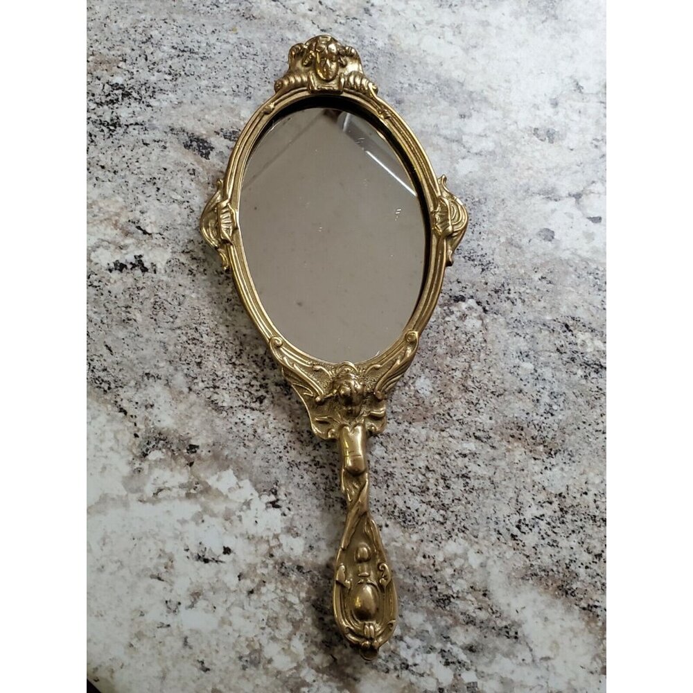 Vintage Handheld Brass Baroque Mirror ☆☆ Glass Looks To Have Been Replaced ☆☆